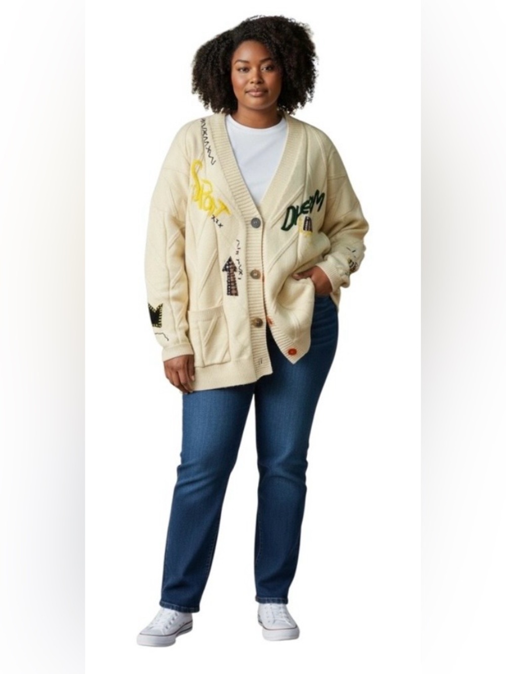 Ebossy Cardigan Sweater XXL Ivory Dream Knit Embroidered Patchwork Preppy